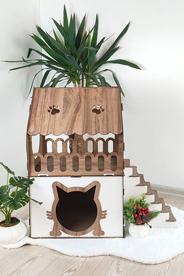 Teraslı Kedi Evi 2 katlı dubleks kedi evi kedi yatağı kedi kafesi